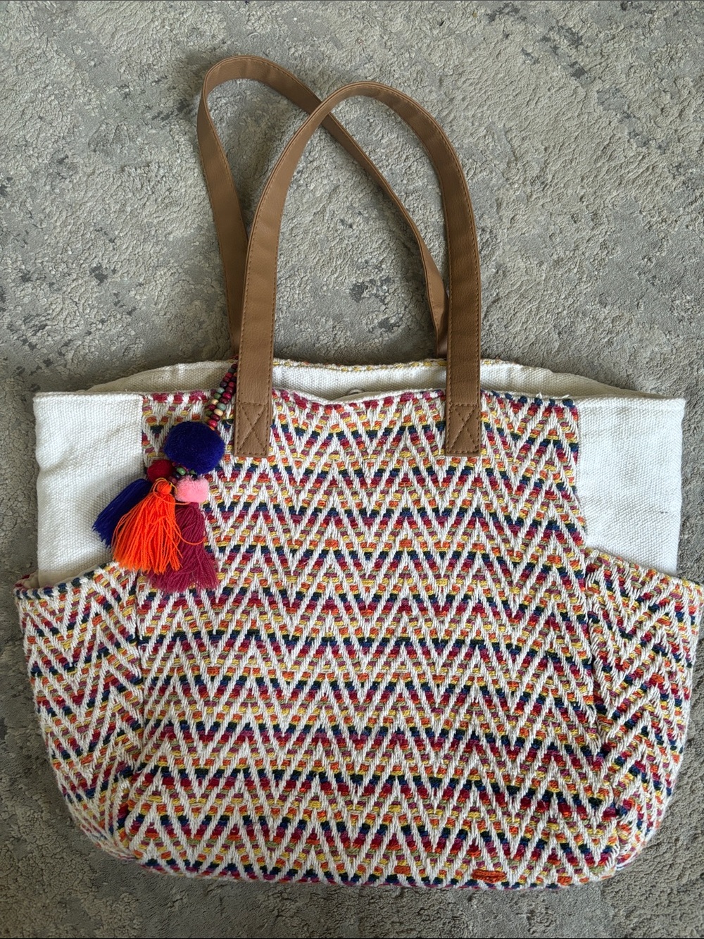 No Boundaries Multicolor Chevron Tote with Pom Tassel